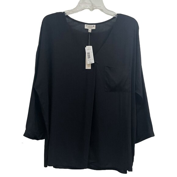 NWT V-Neck Pleated Front Top | 3/4 Sleeves | Woven | Black | Studio B by Bobeau - Picture 1 of 10